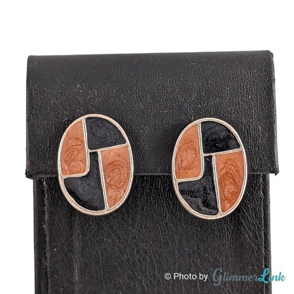 Chico's Oval Brown Black Swirl Checkered Enamel Pierced Silver Tone Earrings - Picture 3 of 10
